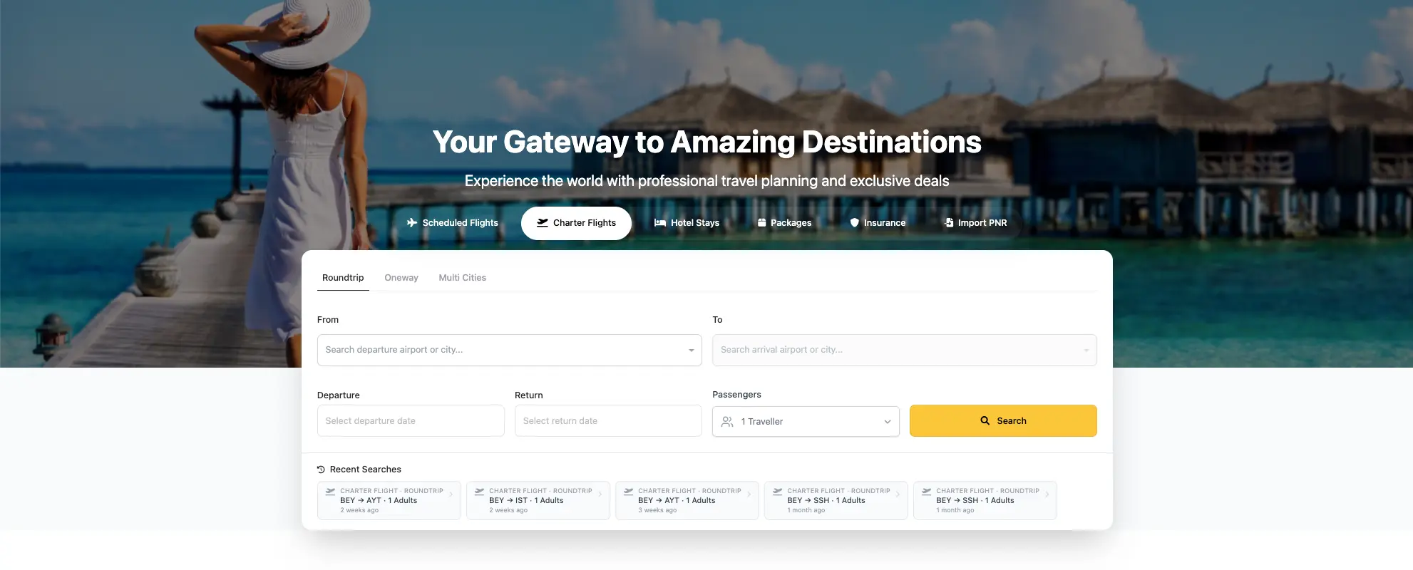 A Vee Travel booking site with search for flights, charters, hotels, packages and insurance
